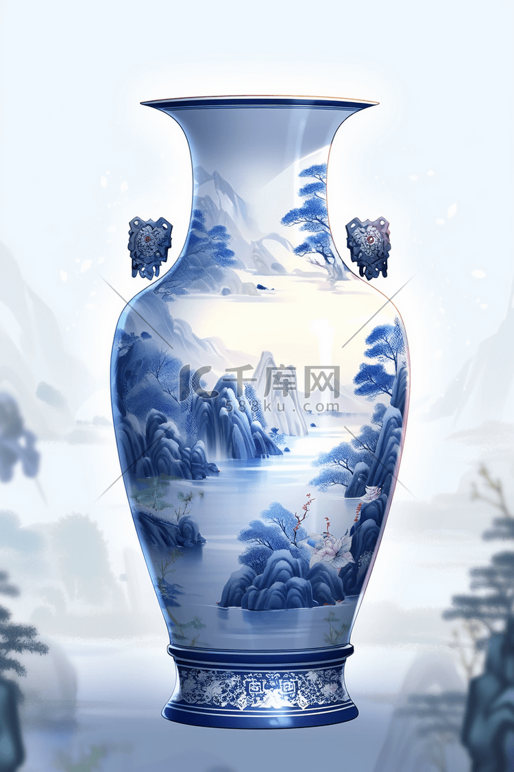 中国风青花瓷花瓶山水背景