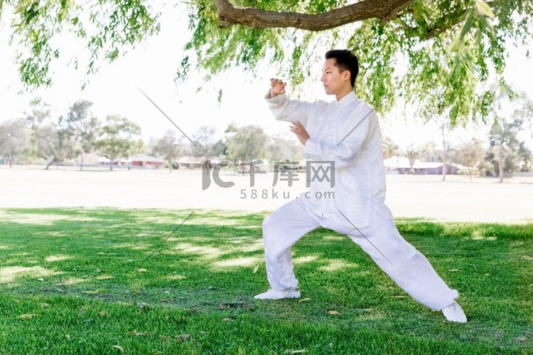 练太极拳的帅哥。夏天在公园练太