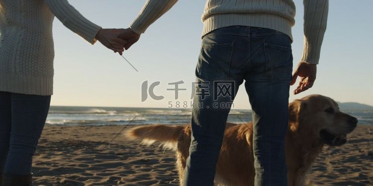 一对情侣牵着狗在海滩上跑步