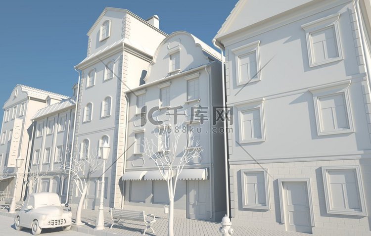 白纸风格的老城区3D插图。白纸