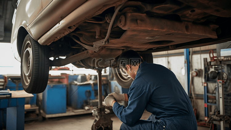 汽车机械师在维修汽车底部零件工