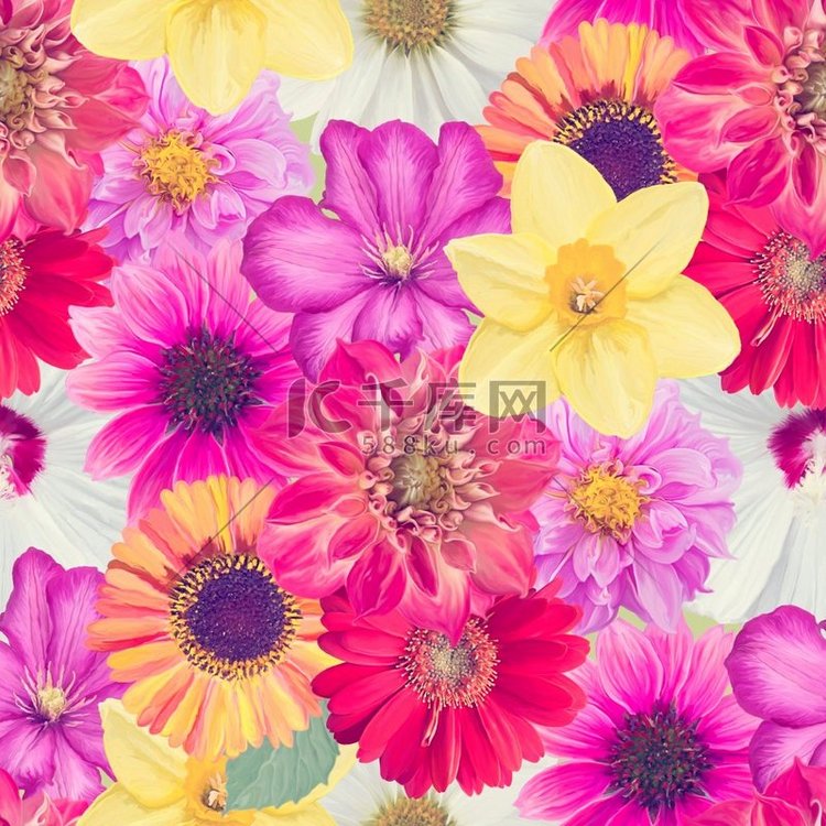 无缝的花卉设计，五颜六色的花朵