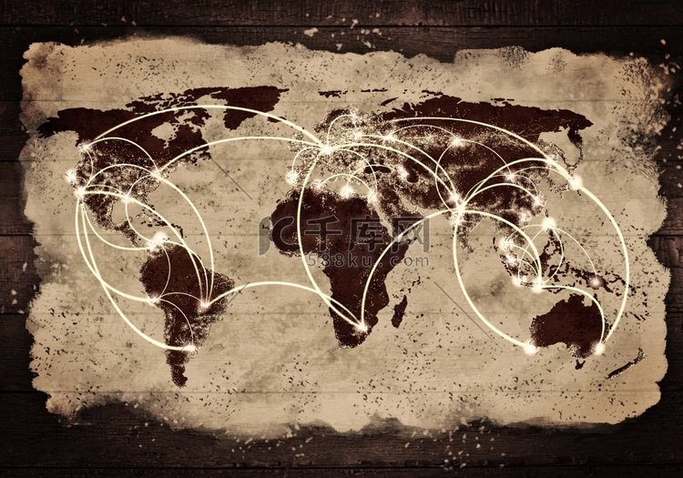 全球互动。带有世界地图和连接线