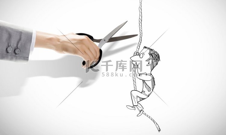 素描商人攀爬绳索。人类手工割绳