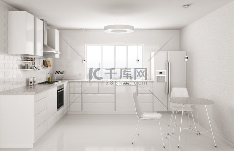 现代白色厨房、窗户、桌椅内部3