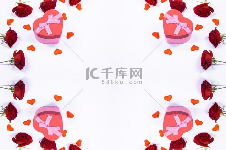 情人节的心框，红玫瑰花朵和白色
