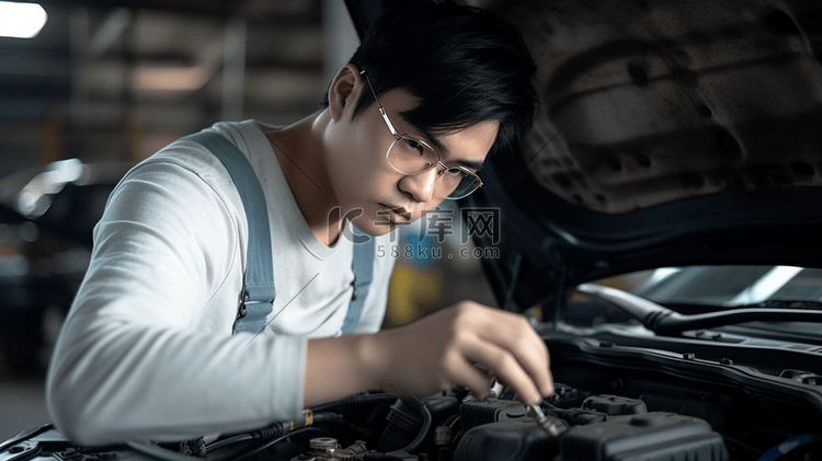 汽车机械师在维修检查汽车零件工