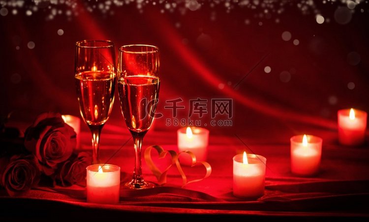 香槟和蜡烛。情人节庆祝活动，红