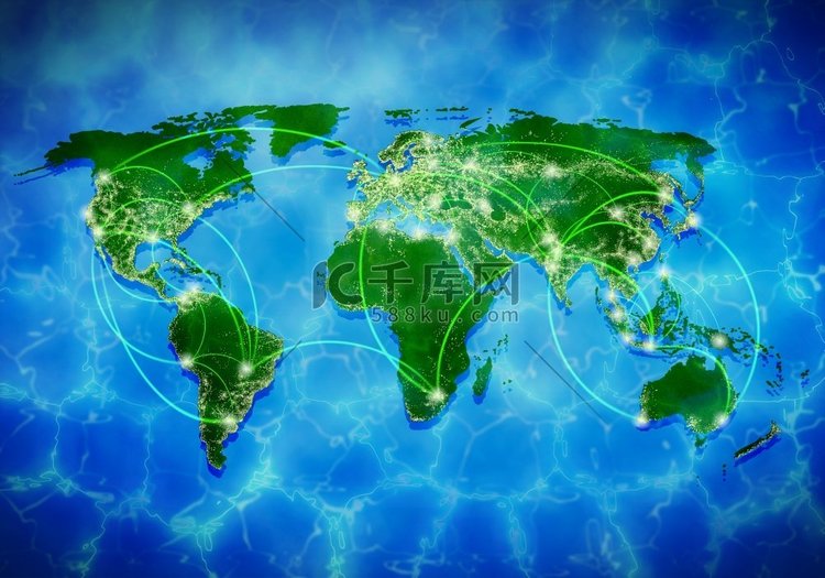 全球互动。带有世界地图和连接线