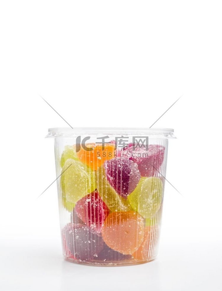 五颜六色的水果果冻在泡沫罐，在