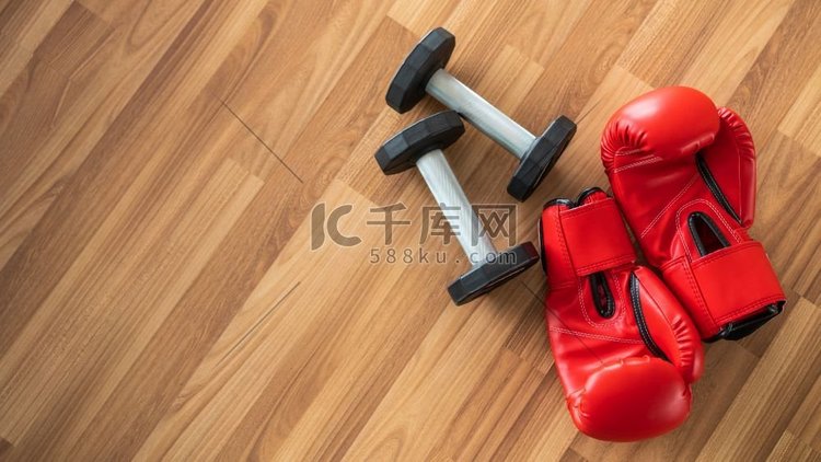 红色拳击手套在木背景。运动和健