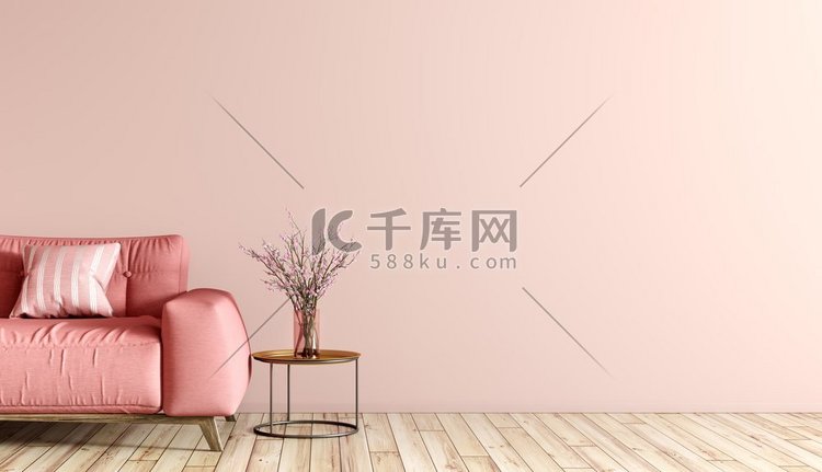 客厅的现代内部有粉红色沙发和咖