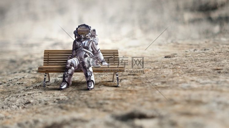 太空人坐在木凳上。混合媒体。火