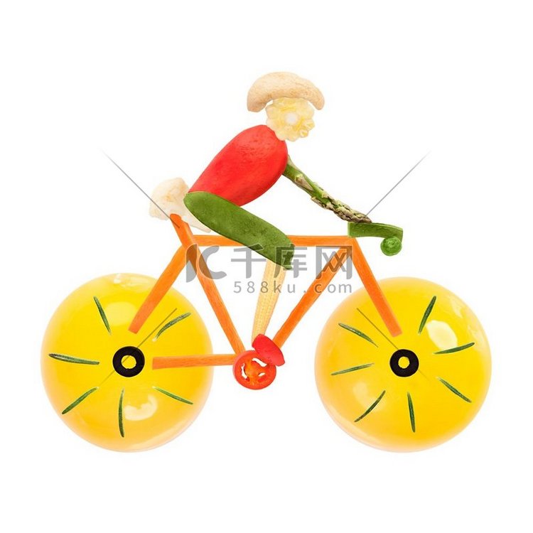 水果和蔬菜的形状的男性骑自行车