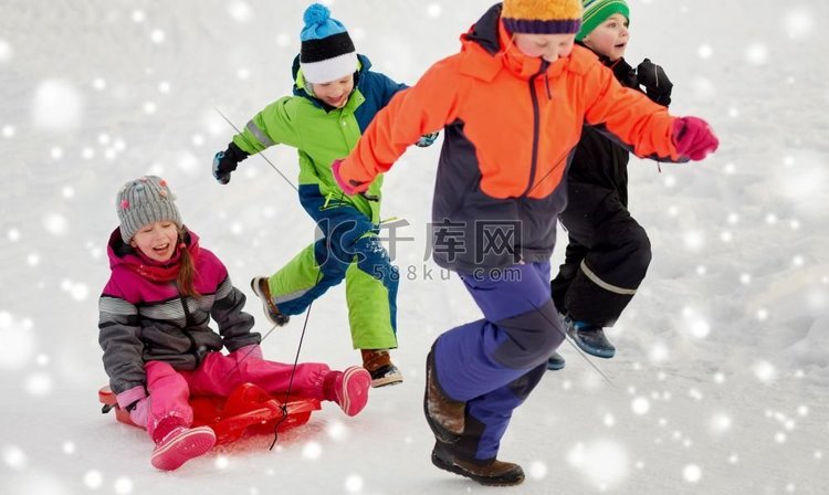  孩子，朋友，雪橇，雪橇