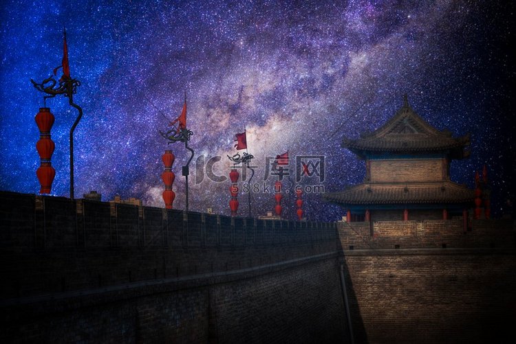 繁星点点的夜空。西安城墙。。西