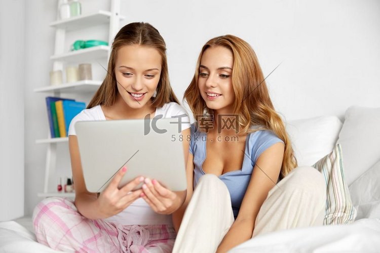 青少年、睡衣、派对、平板电脑