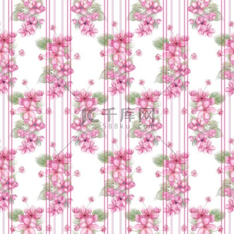 水彩无缝花卉设计与粉红色花背景