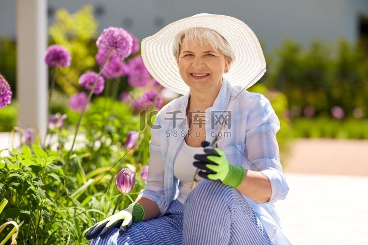 园艺和人的概念快乐的老年妇女与