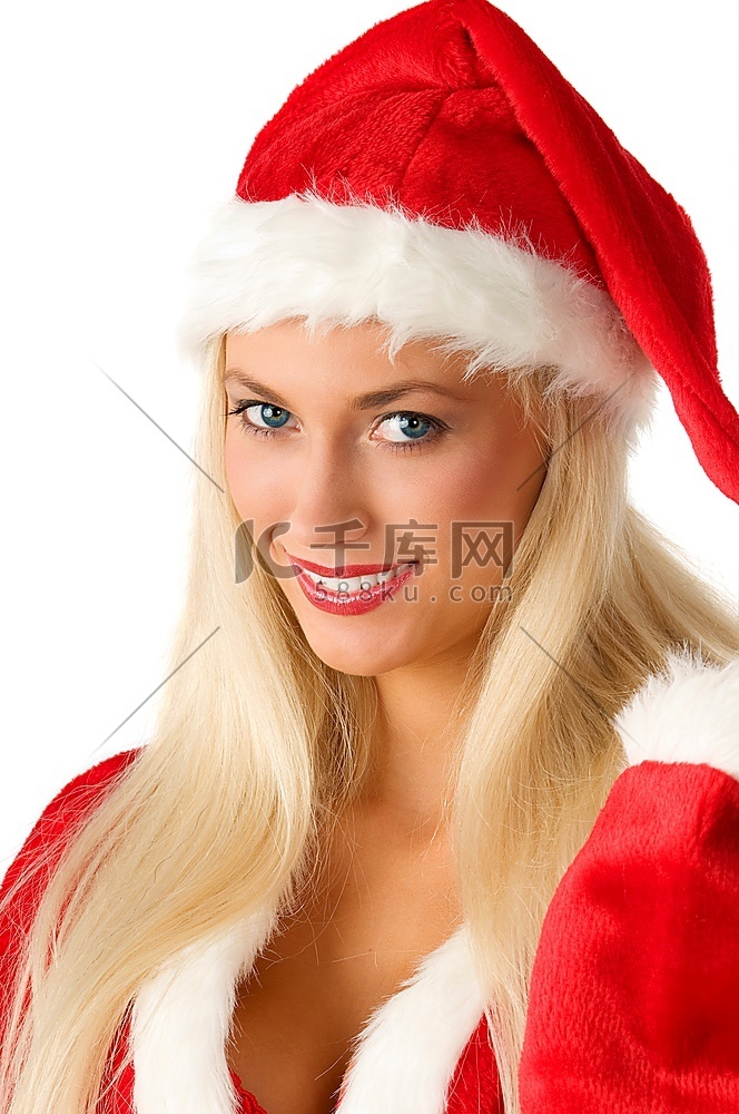 性感可爱的金发女孩，穿着圣诞老