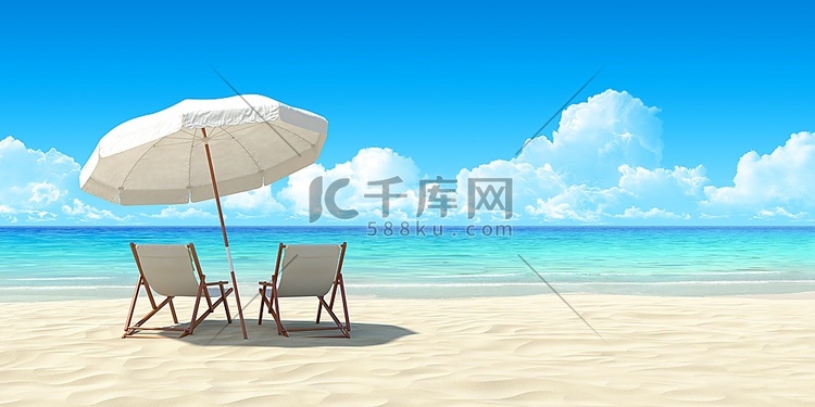 沙滩椅和伞在沙滩上。休息，放松