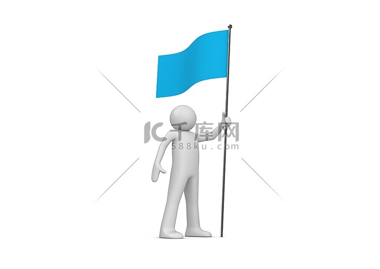 旗杆上举着蓝旗(3D白底孤立人