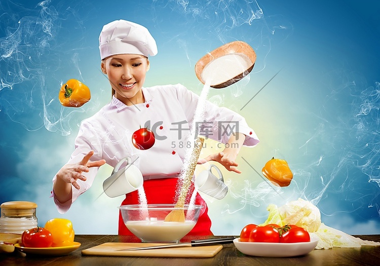 亚洲女性烹饪与魔术反对颜色背景