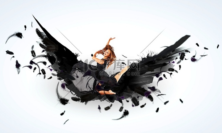 女子漂浮   在黑暗的翅膀