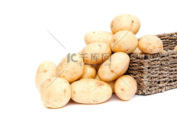 新鲜的新土豆采摘乡村篮子孤立在