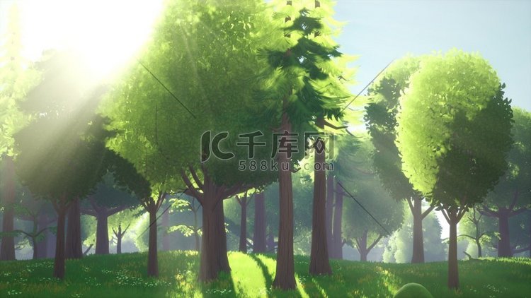 卡通绿色森林景观与树和花