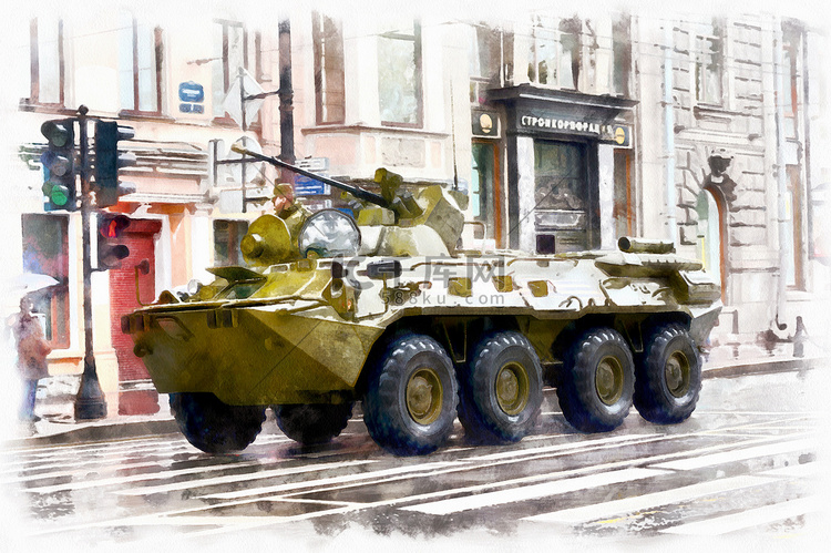水彩绘制军事装备俄罗斯街上