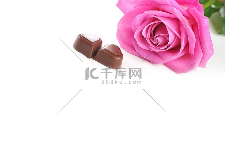 美丽的粉色玫瑰和巧克力隔开的特