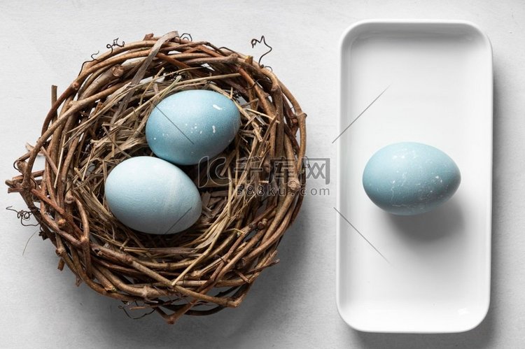 顶视图鸡蛋复活节与巢制树枝板