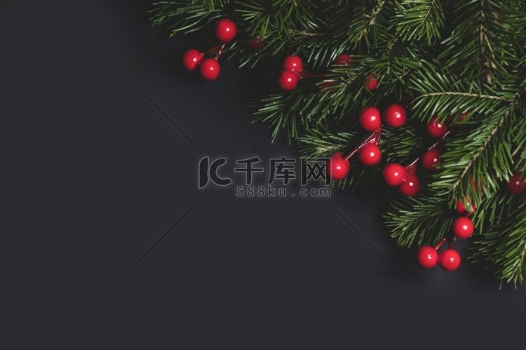 圣诞边框用新鲜的冷杉树枝和红色
