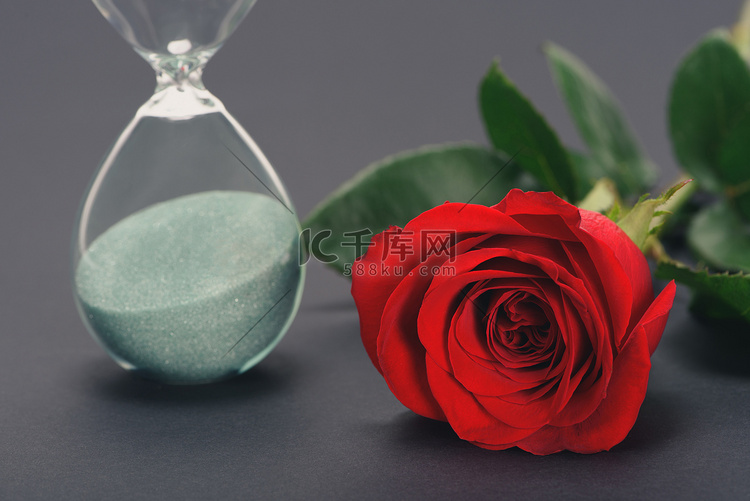 美丽的红玫瑰花和沙漏灰色的特写