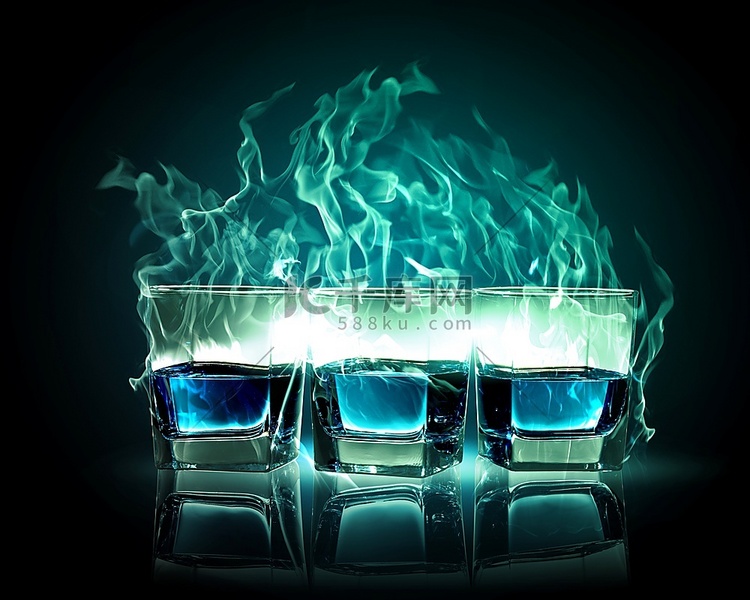 图像的三个玻璃杯燃烧的翡翠苦艾