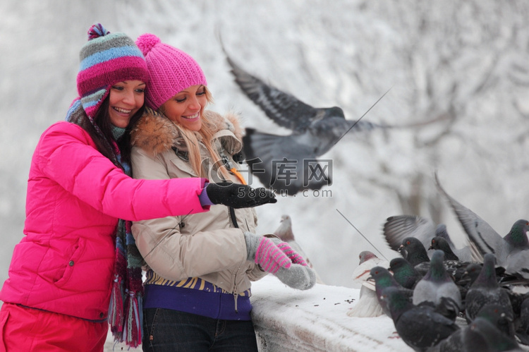 冬季妇女给鸽子喂食