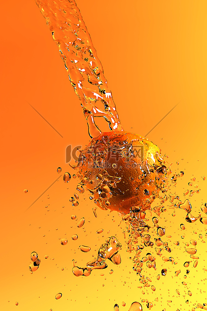 果汁下的橙子溅起了3D渲染