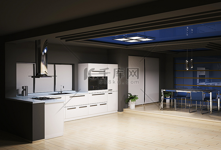 现代厨房内部3D渲染