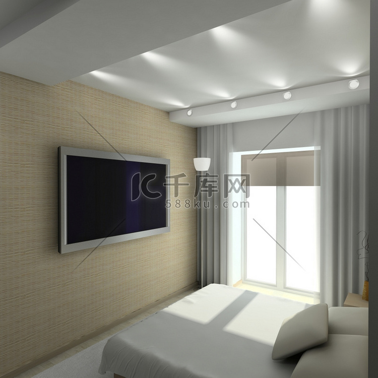 现代设计的卧室室内装饰。3D渲染
