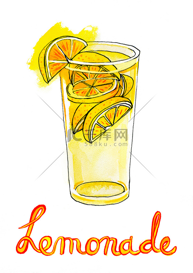 水彩绘画与杯柠檬水
