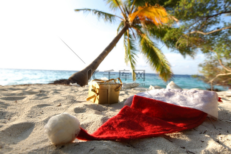 棕榈树下沙滩上的圣诞老人帽