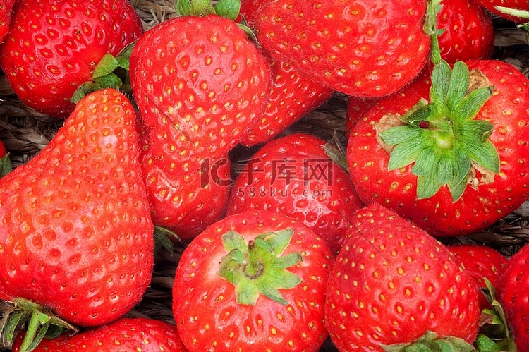 刚采摘的篮子里的新鲜成熟草莓的