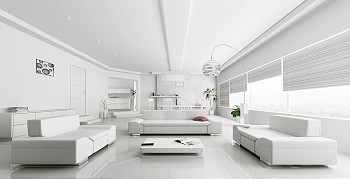 现代白色客厅内部全景3D渲染