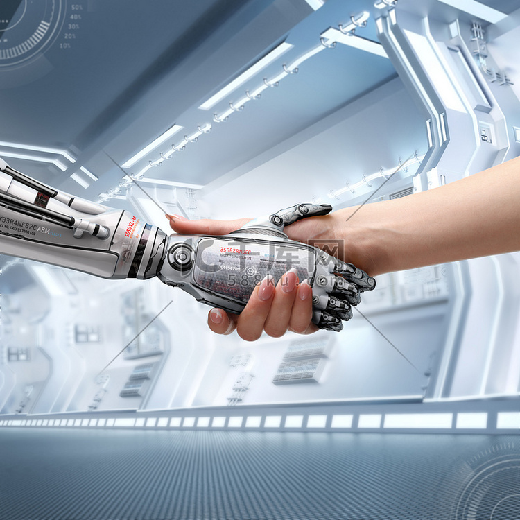 女性人类和机器人的握手