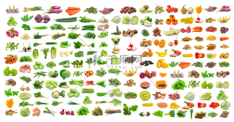 蔬菜和水果在白色背景上的一套