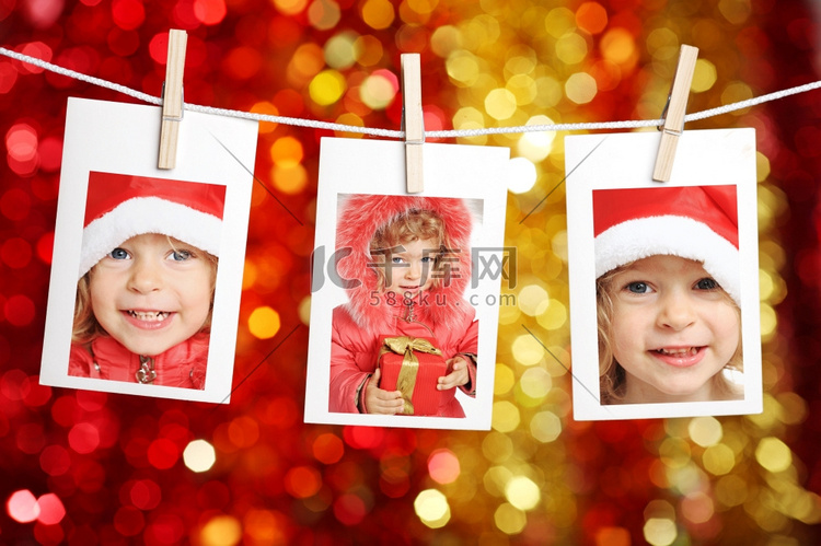 儿童照片反对圣诞灯背景