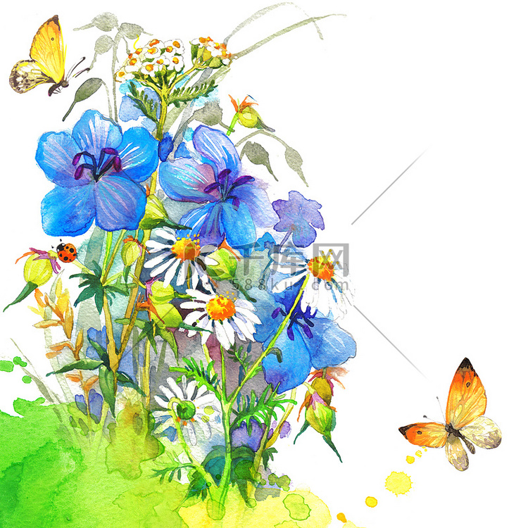 水彩花朵和蝴蝶在模糊的背景上