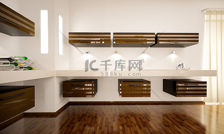内部的现代棕色厨房3D渲染