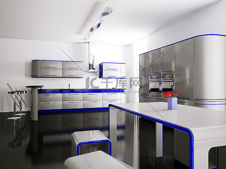 现代灰蓝色厨房内部，配有吧台和